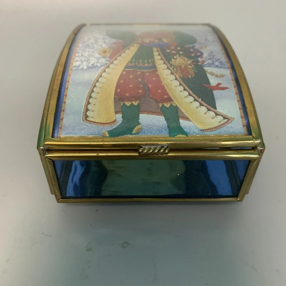 Via Vermont Thomas Cathey Stained Glass Trinket Box Santa Christmas 1993 Vintage